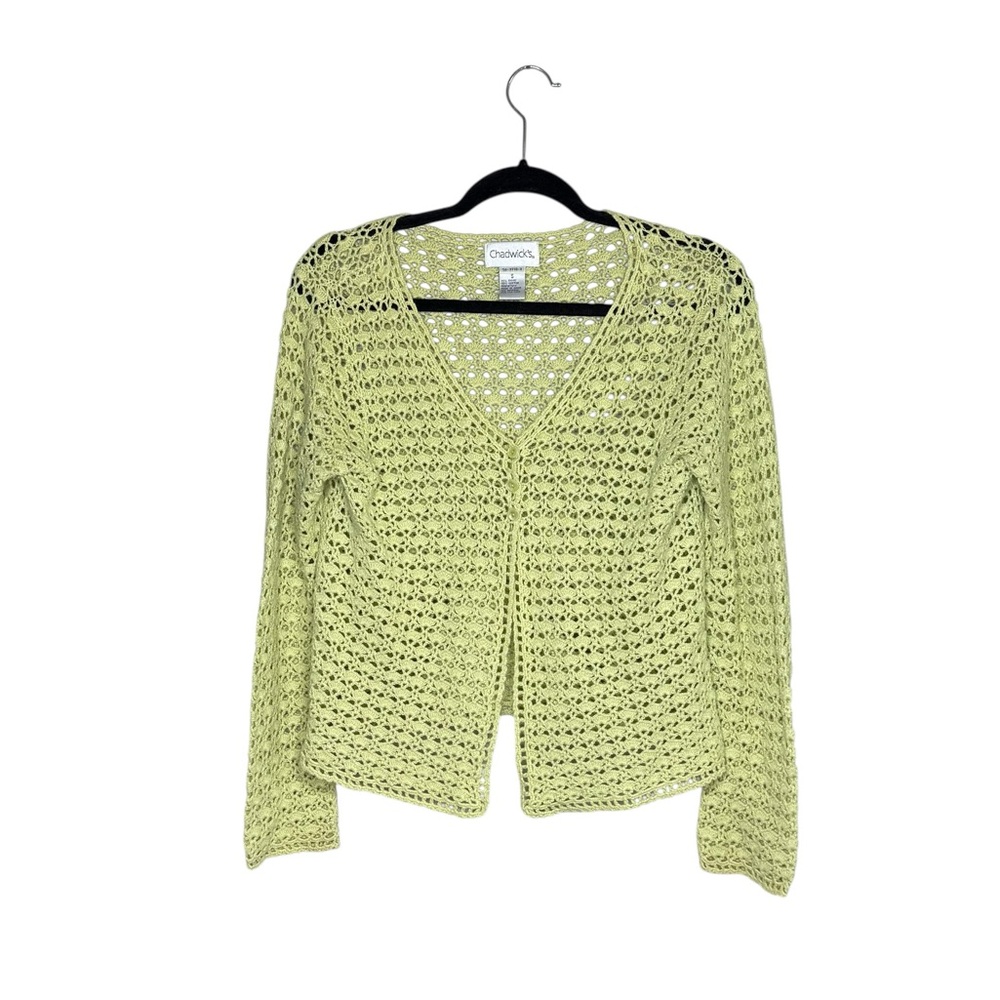 Vtg Y2K Chadwick’s Light Green Crocheted Lace Button Open Sweater Cardigan